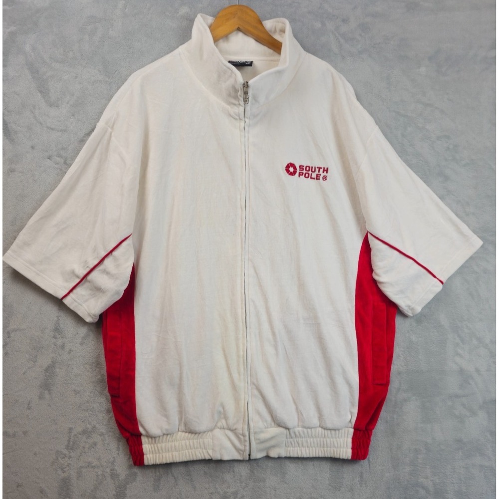 VTG Southpole Velvet Tracksuit Zip Jacket Men XL Off White Red Velour Hip Hop